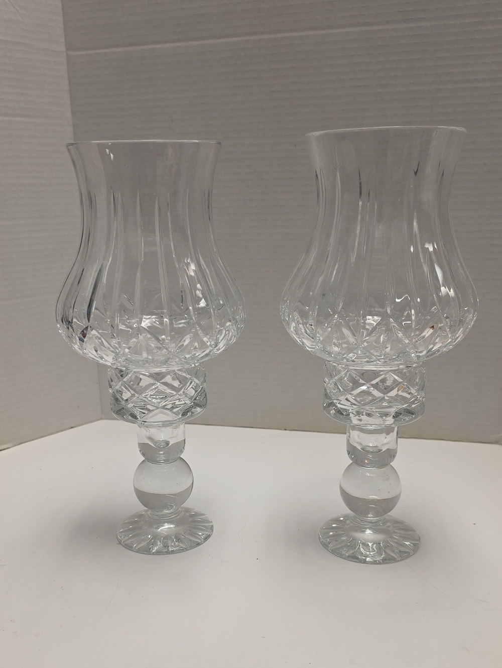 Pair of OLYMPIC  Clear Cut Crystal Hurricane Lamps & Globes